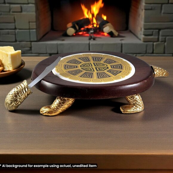 Vintage Turtle Cheeseboard with Knife Wood Tile MCM 70s Retro Novelty Kitschy - Picture 5 of 11